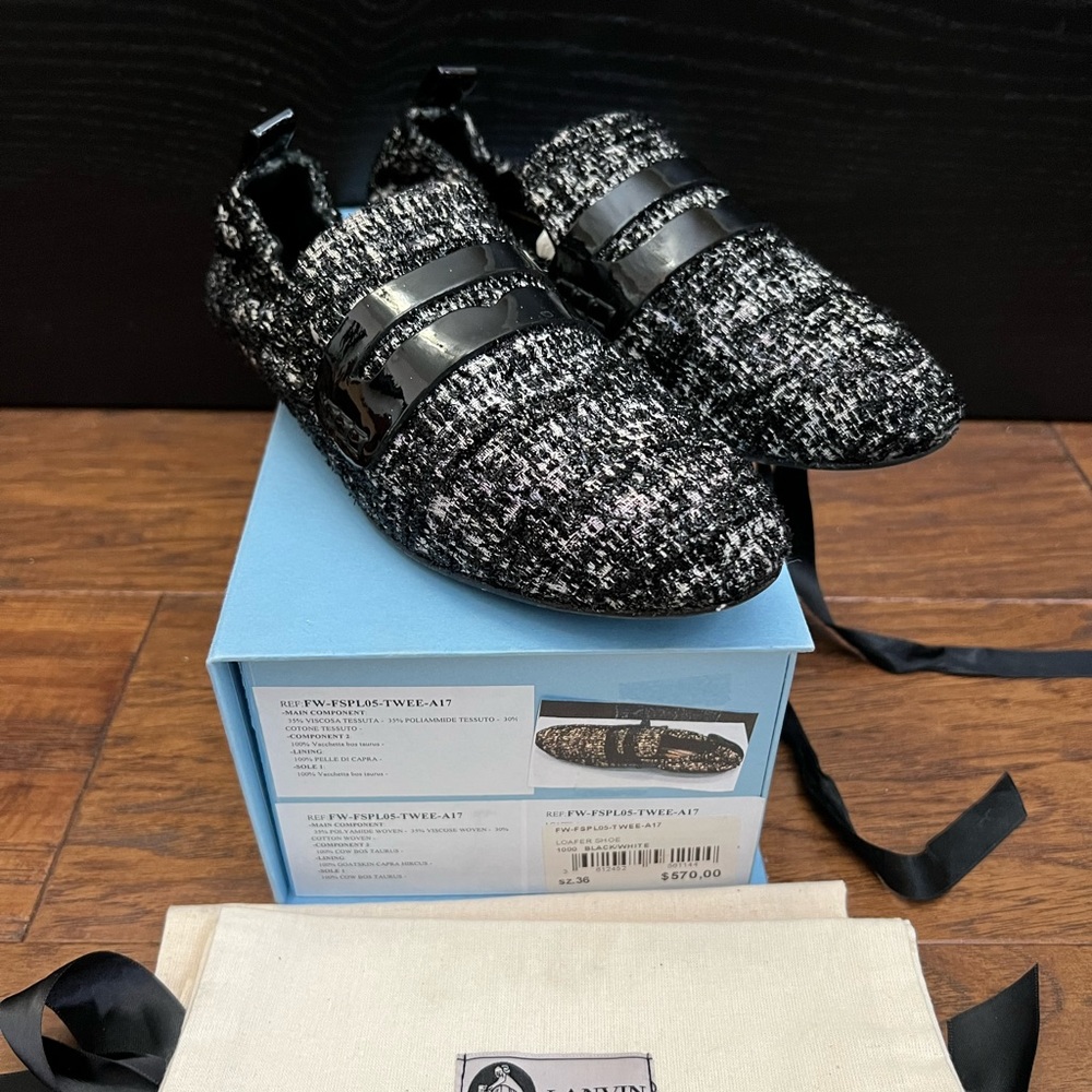 LANVIN Paris Black White Tweed Penny Loafers Flats Size 36 EU 6 US Shoes $570